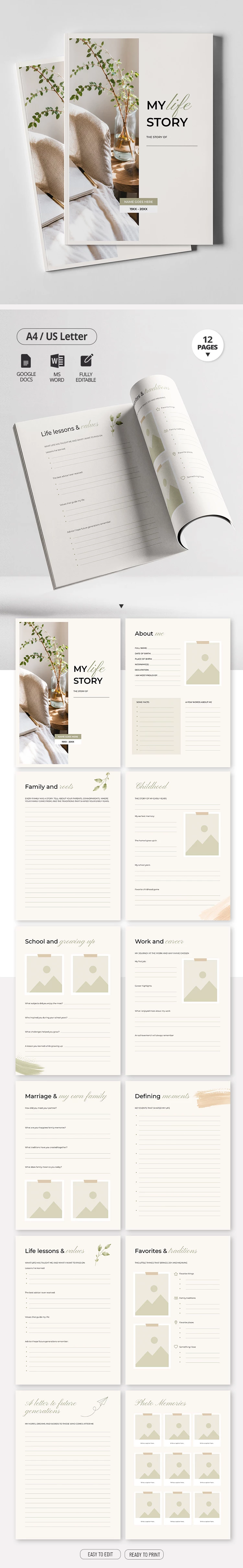 Preview of Life Story Book Template for Google Docs and Microsoft Word