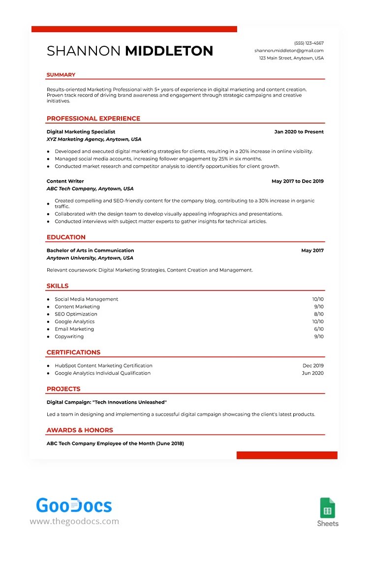 Light ATS Optimized Resume - free Google Docs Template - 10068083