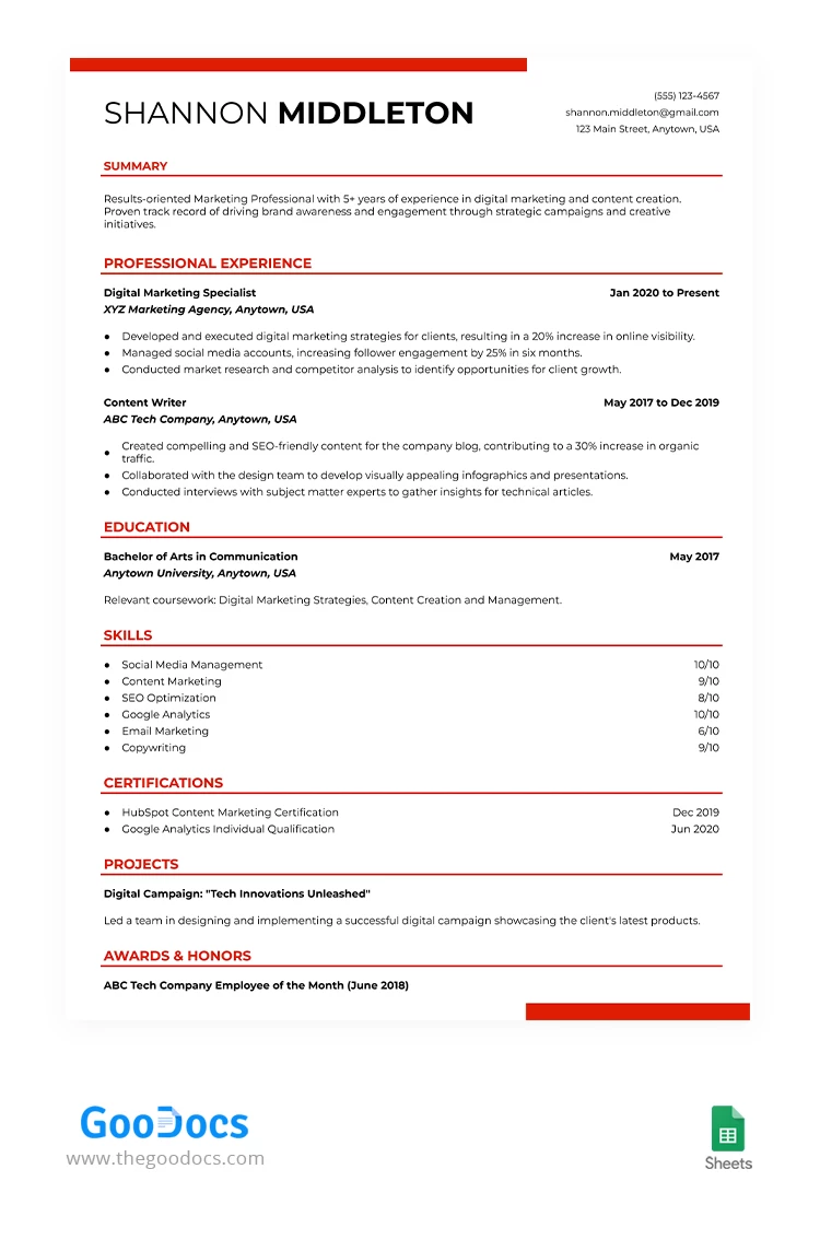 ATS Friendly Resume - free Google Docs Template - 10068083