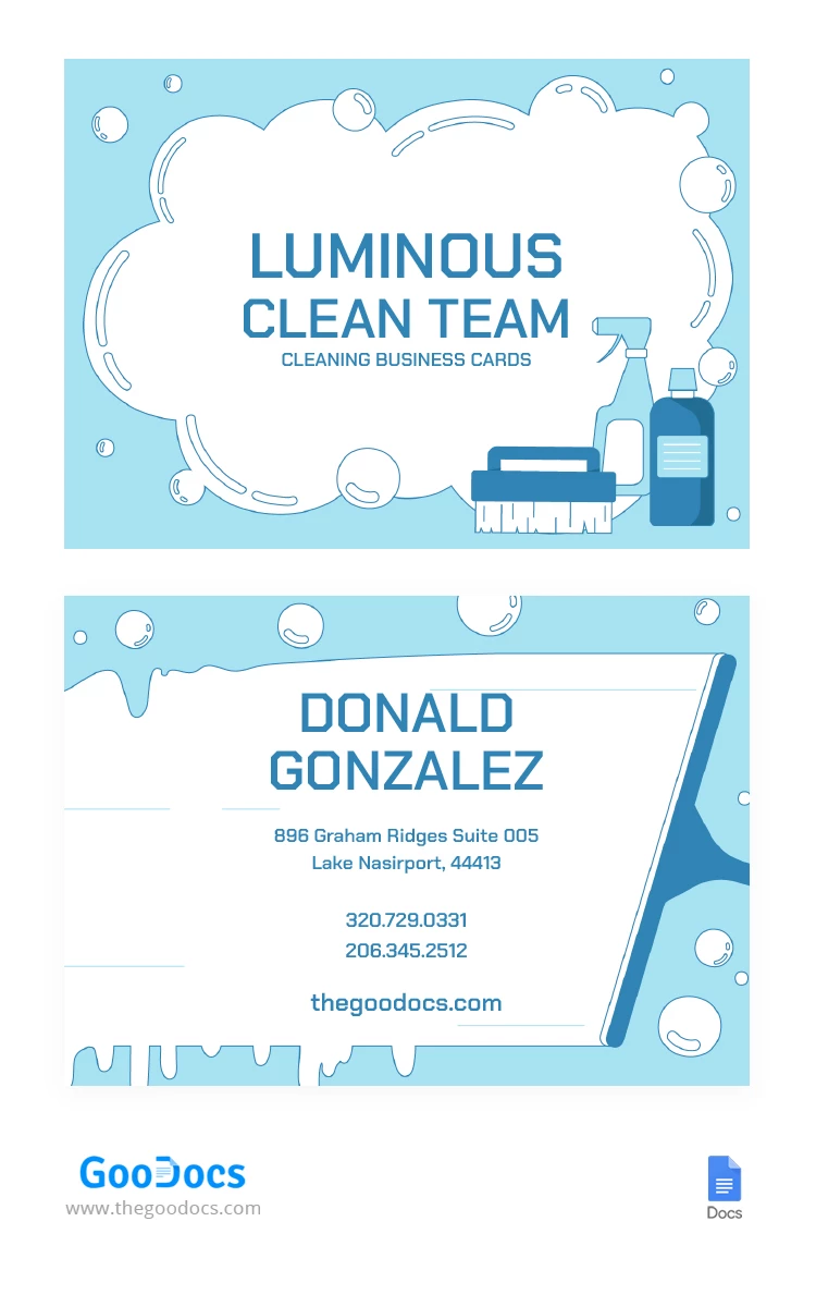 Cartão de visita da empresa de Limpeza Azul-Clara - free Google Docs Template - 10066612