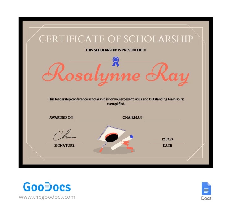Light Brown Certificate of Scholarship - free Google Docs Template - 10064505