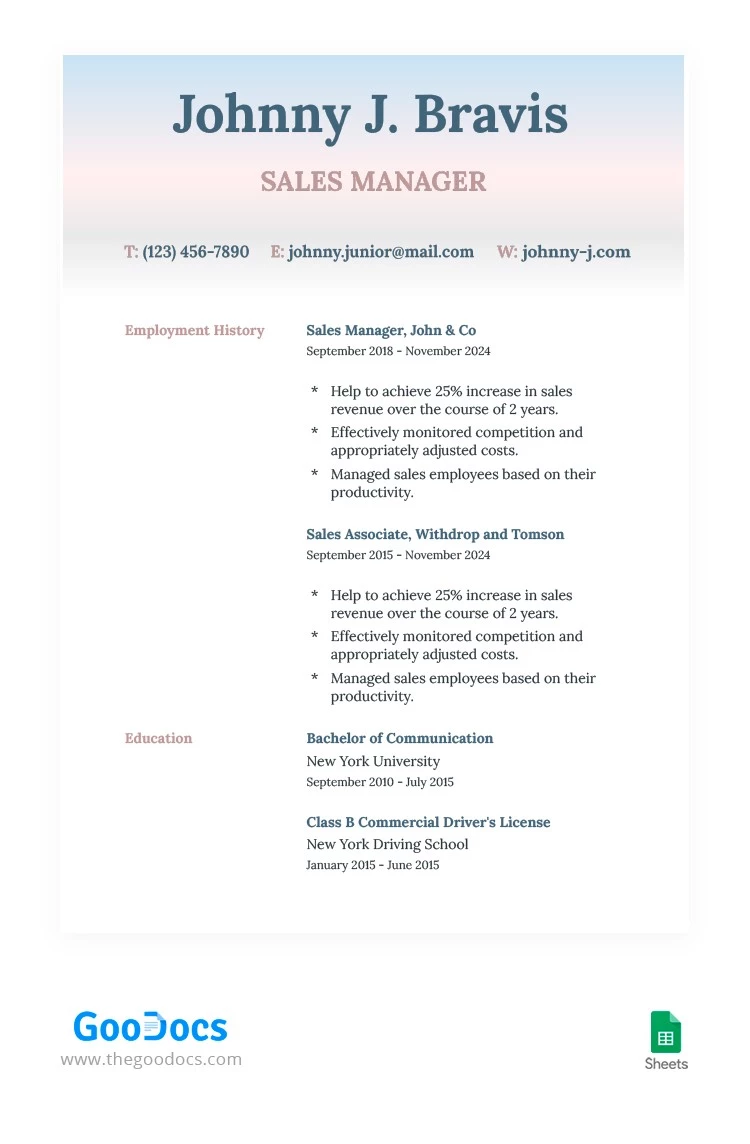Sales Manager Resume - free Google Docs Template - 10064305
