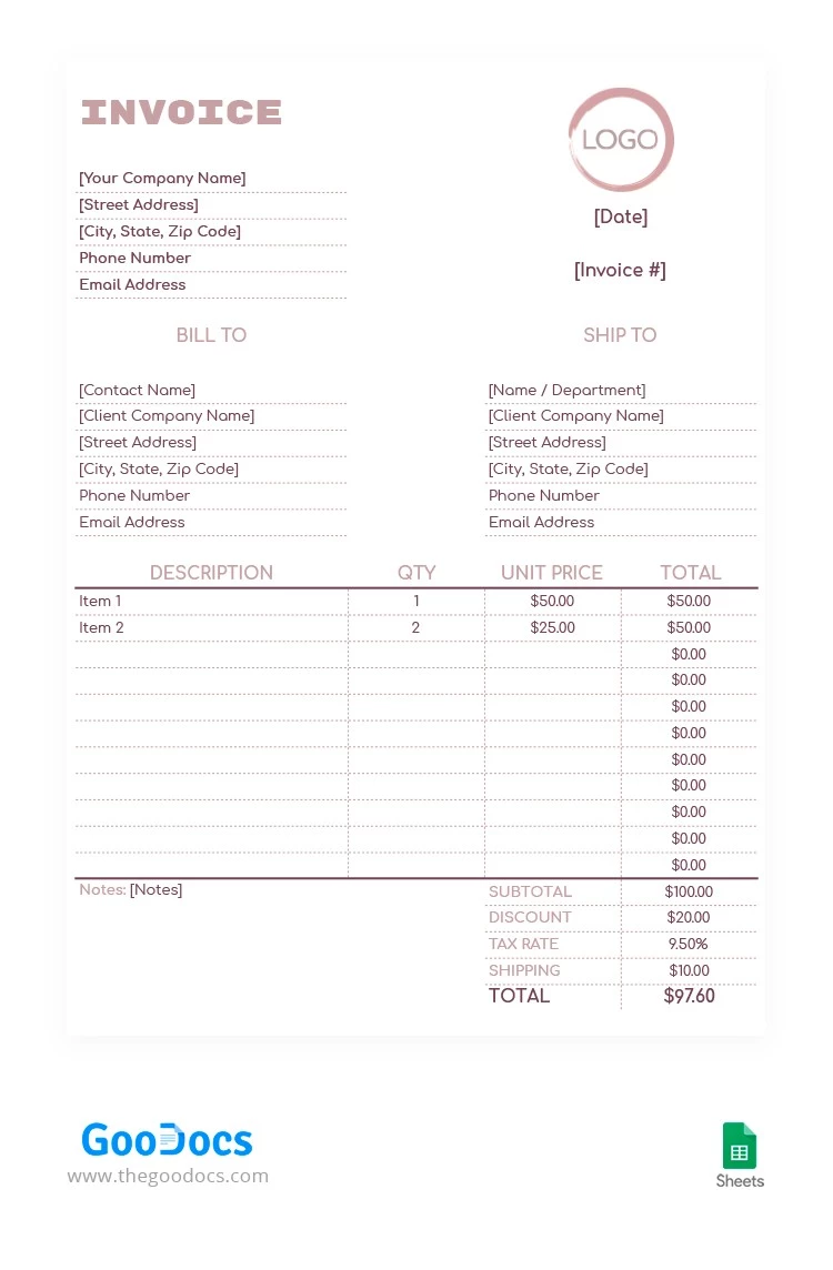 Light Magenta Invoice - free Google Docs Template - 10062196