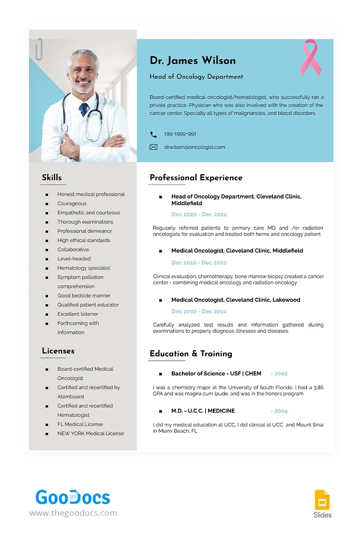 CV médical léger - free Google Docs Template - 10065131