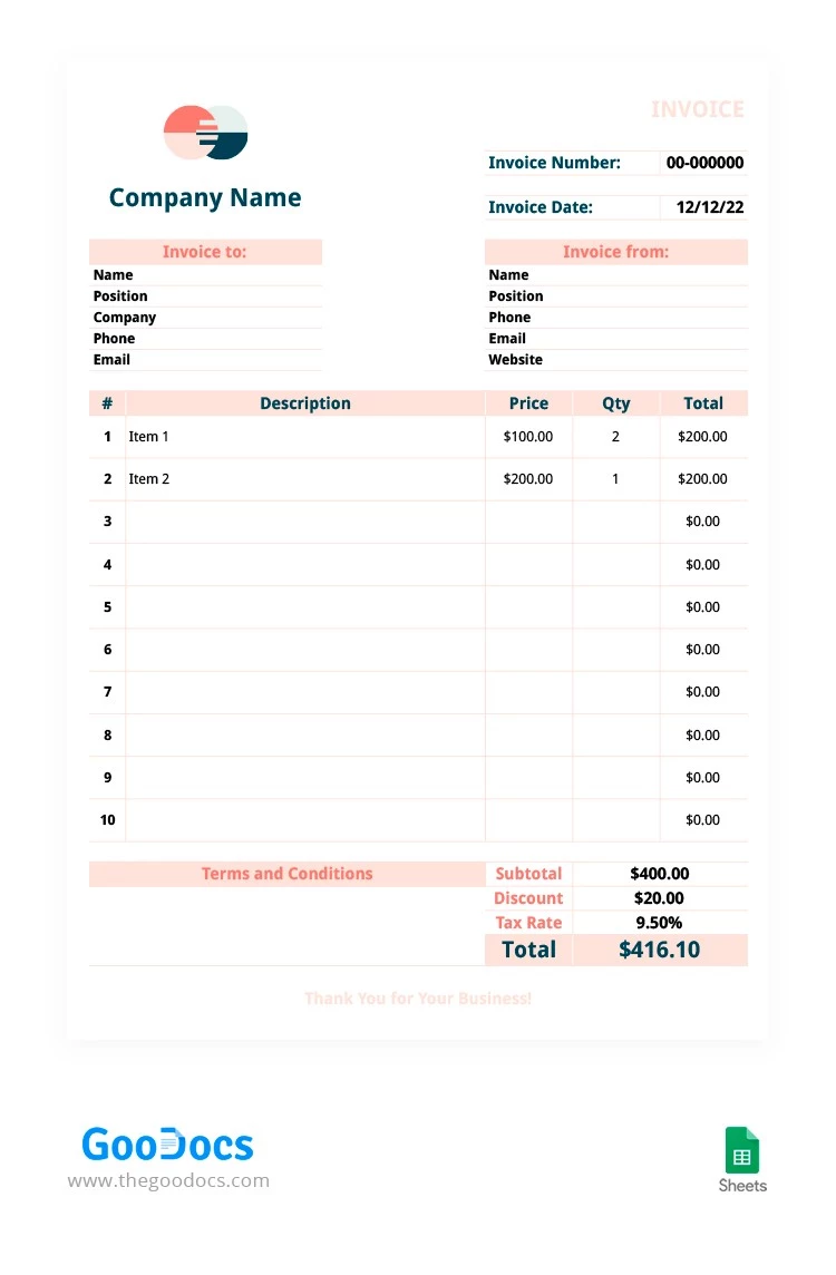 Factura de negocios en color naranja claro - free Google Docs Template - 10062695