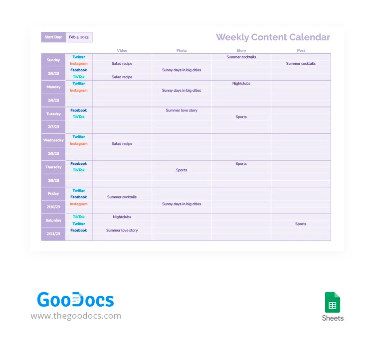 Light Purple Content Calendar - free Google Docs Template - 10063926