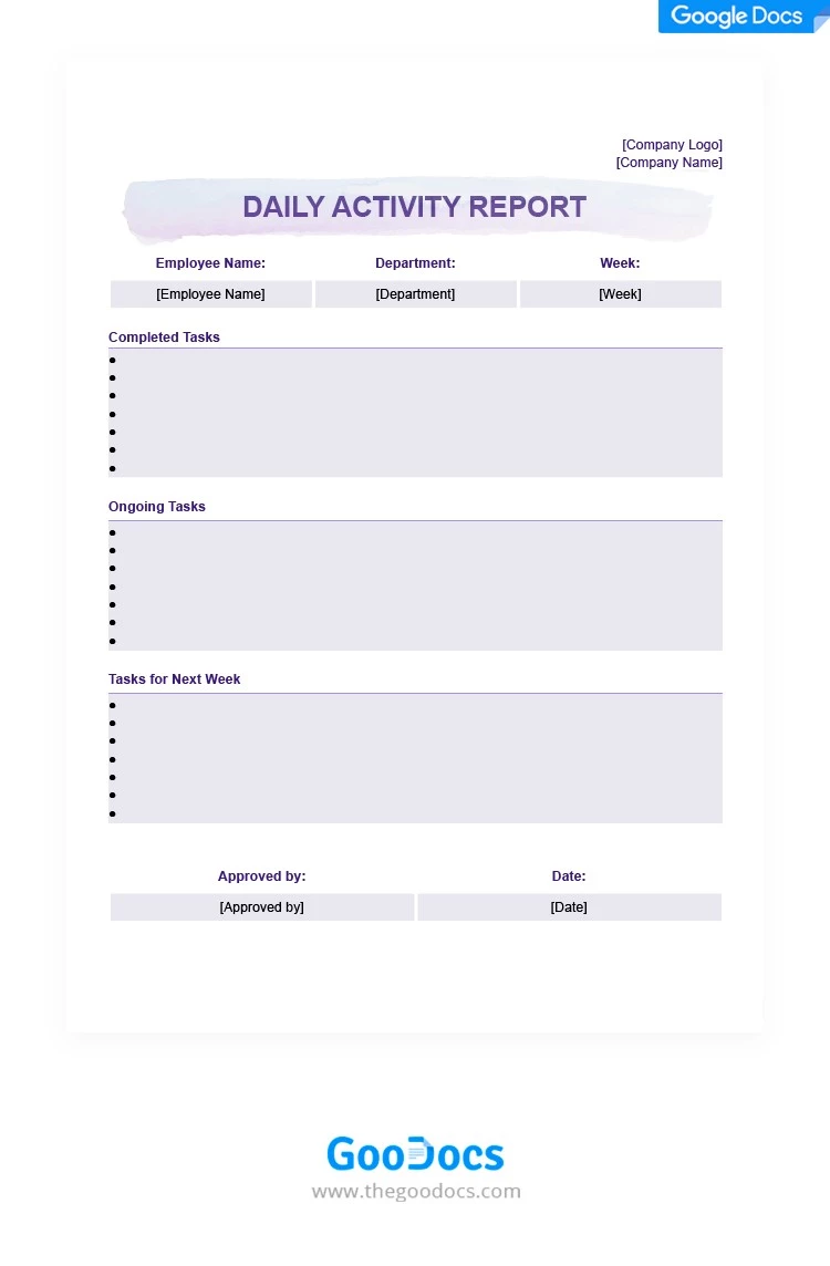 Rapport quotidien d'activités en violet clair - free Google Docs Template - 10062091