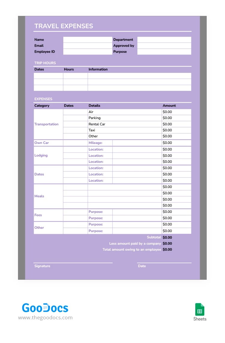 Heller violetter Spesenbericht - free Google Docs Template - 10063842