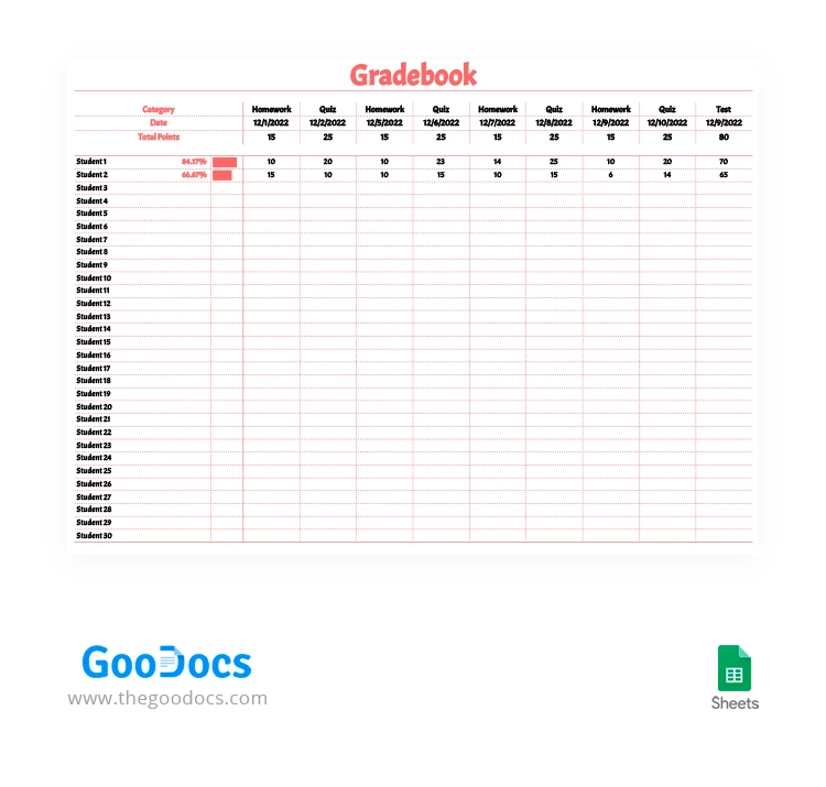 Light Red Gradebook - free Google Docs Template - 10062234