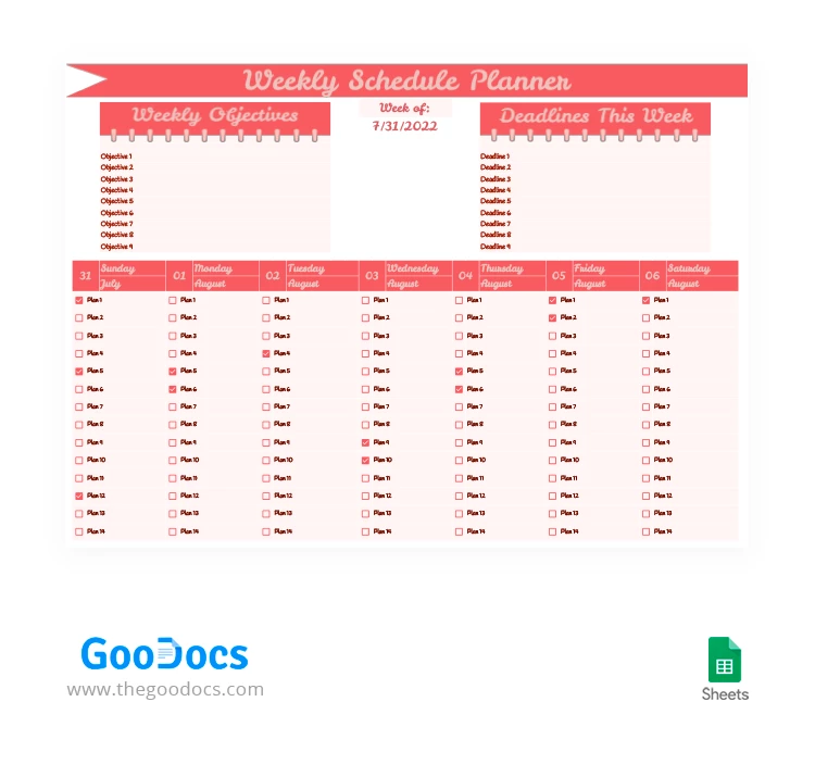 Planificador semanal de horario en rojo claro. - free Google Docs Template - 10062138