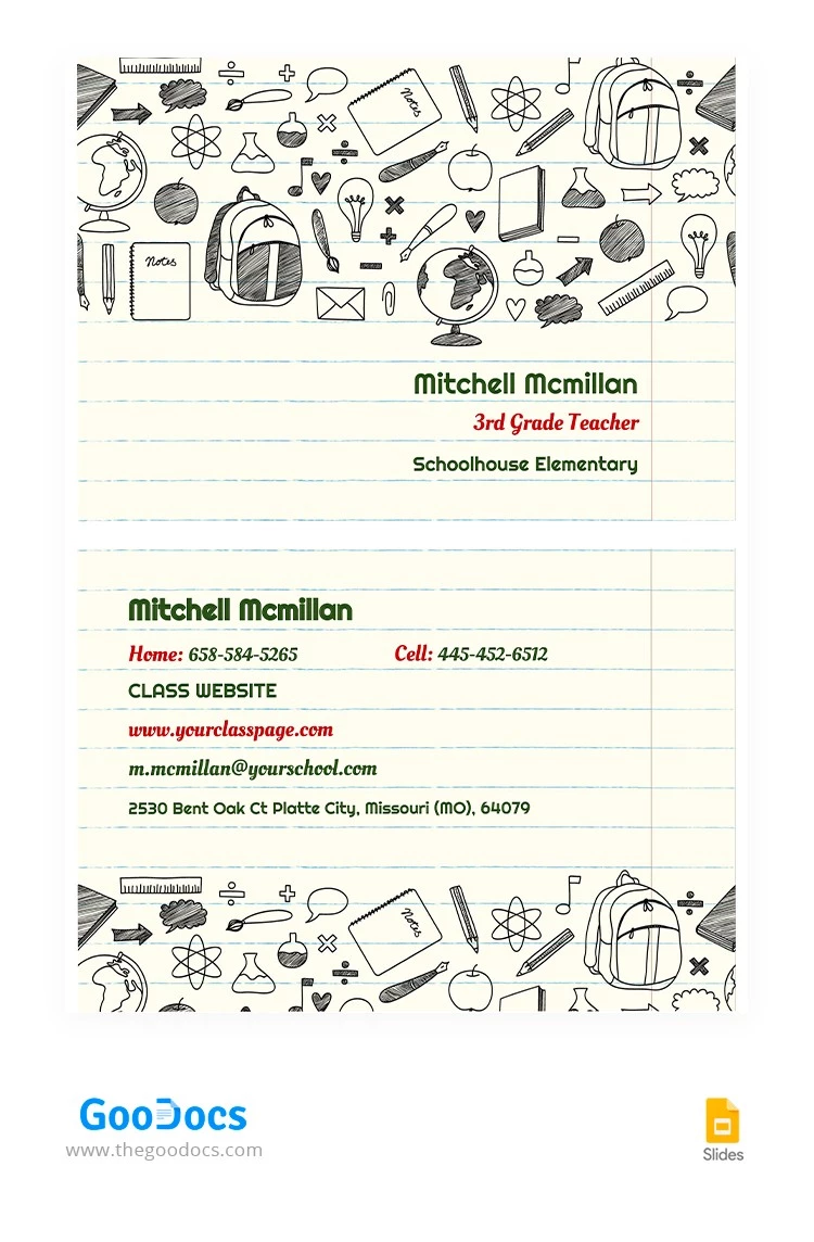 Light Teacher Business Card - free Google Docs Template - 10064956