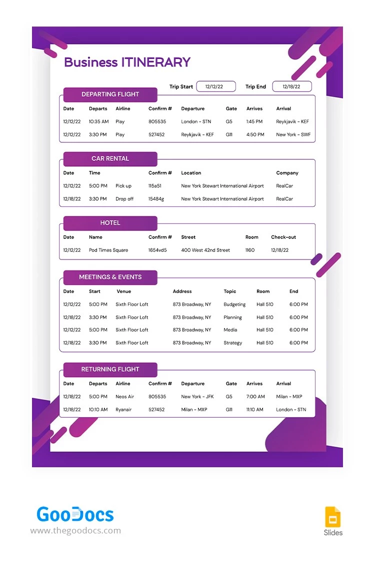 Lilac Business Itinerary - free Google Docs Template - 10065075