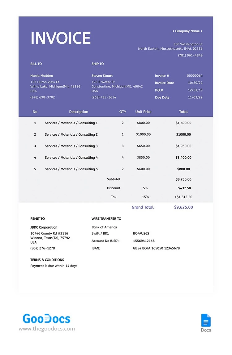 Lilac Modern Invoice - free Google Docs Template - 10064773