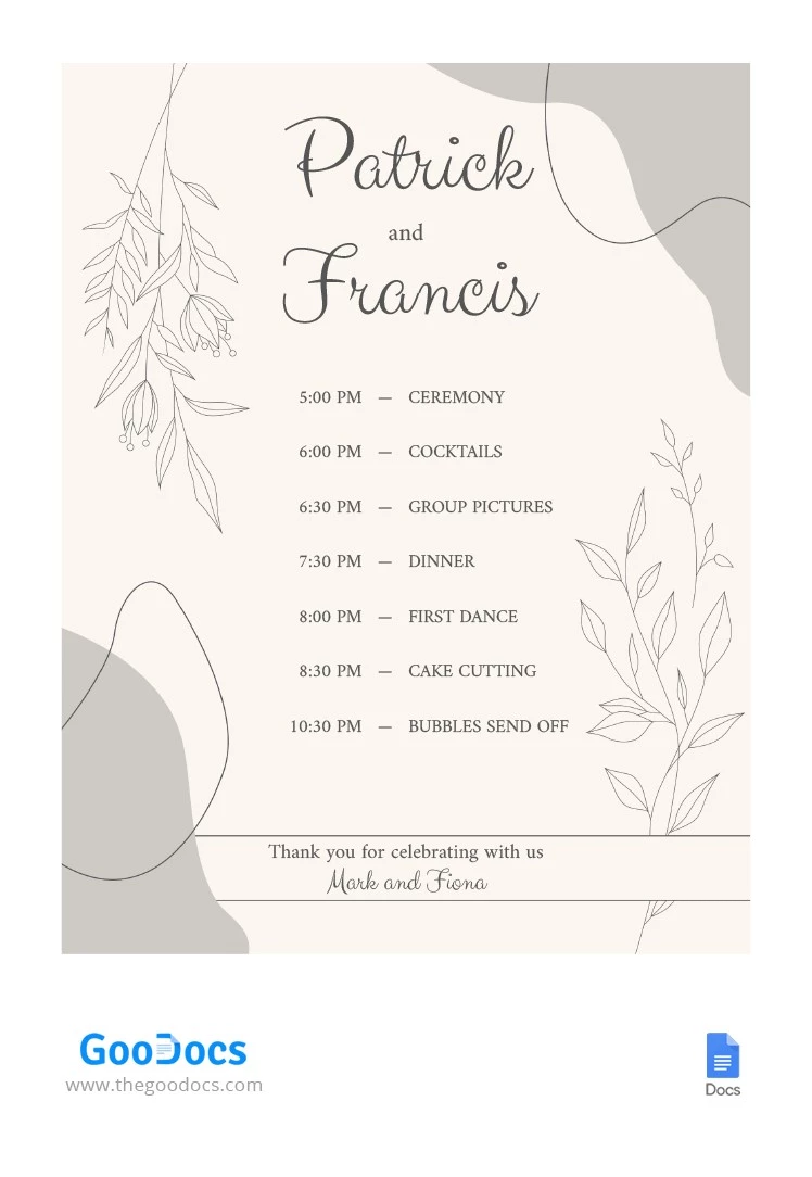 Lily Wedding Schedule - free Google Docs Template - 10062755
