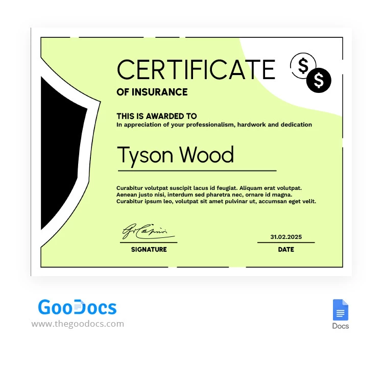 Certificado de seguro Lime - free Google Docs Template - 10065598