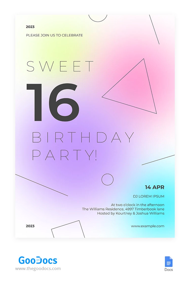 Lovely Gradient Invitation Sweet 16 - free Google Docs Template - 10065661