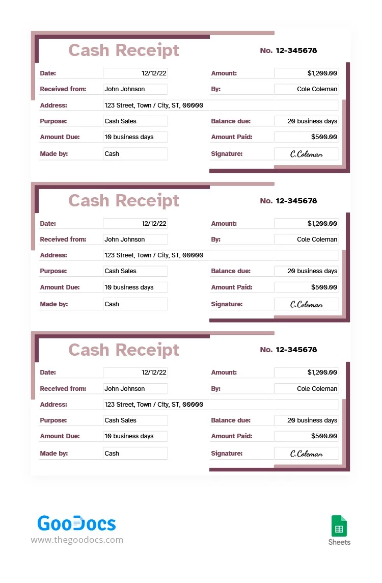 Magenta Cash Receipt - free Google Docs Template - 10062880