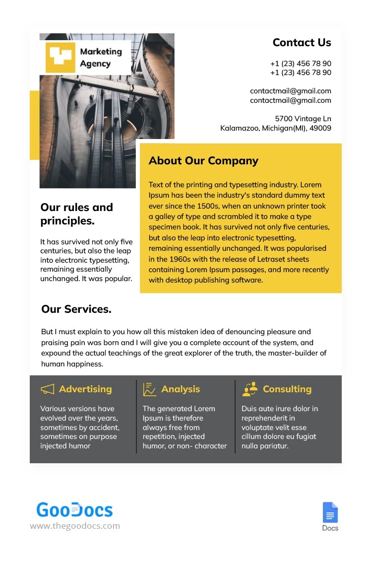 Agenzia di marketing Yellow Handout - free Google Docs Template - 10063703