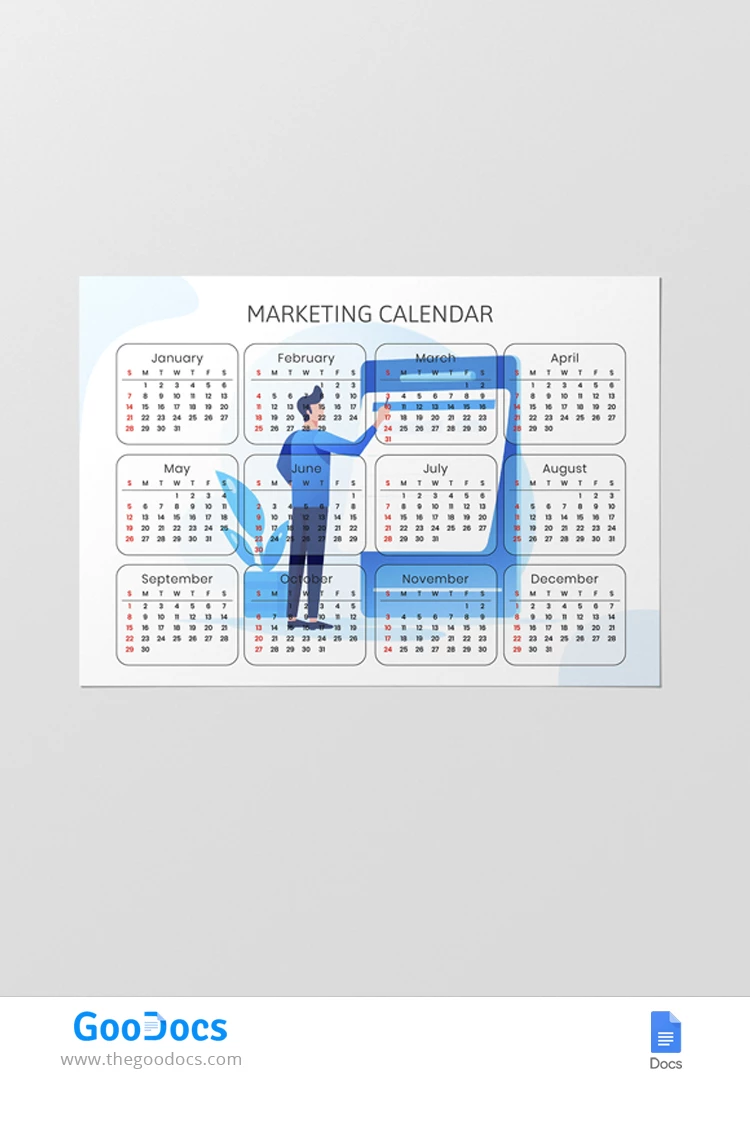 Calendario di marketing blu - free Google Docs Template - 10067674