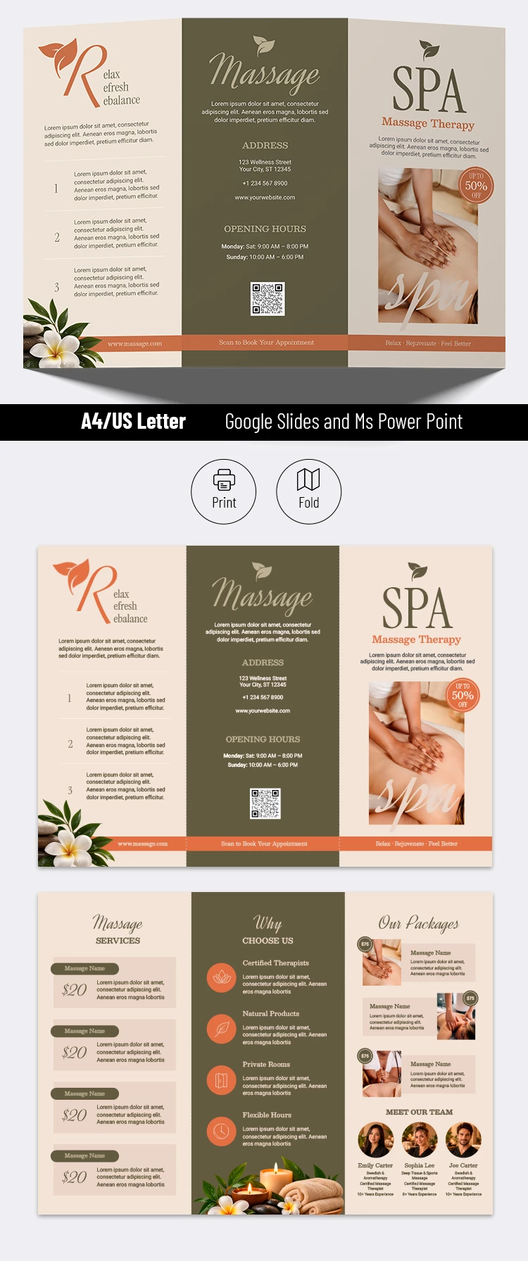 Anteprima di Modello di brochure per massaggi per Google Slides and Microsoft PowerPoint