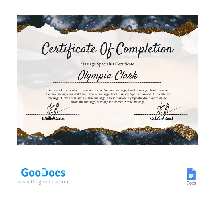 Certificado de Conclusão de Cursos de Massagem - free Google Docs Template - 10065086