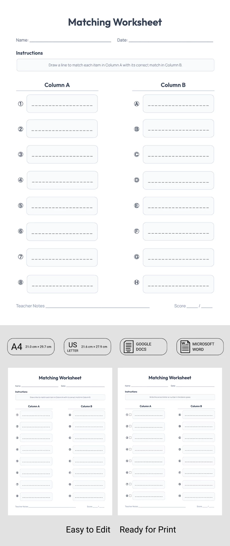 Preview of Matching Worksheet Template for Google Docs and Microsoft Word