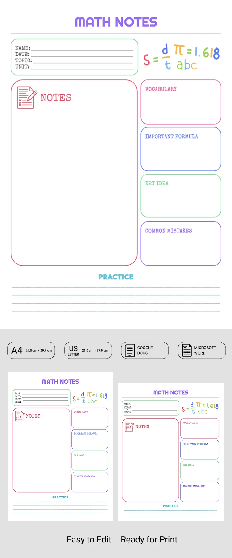 Preview of Math Guided Notes Template for Google Docs and Microsoft Word