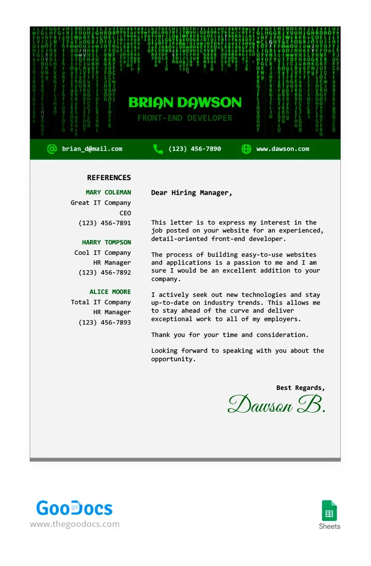 Matrix Style Cover Letter - free Google Docs Template - 10063723