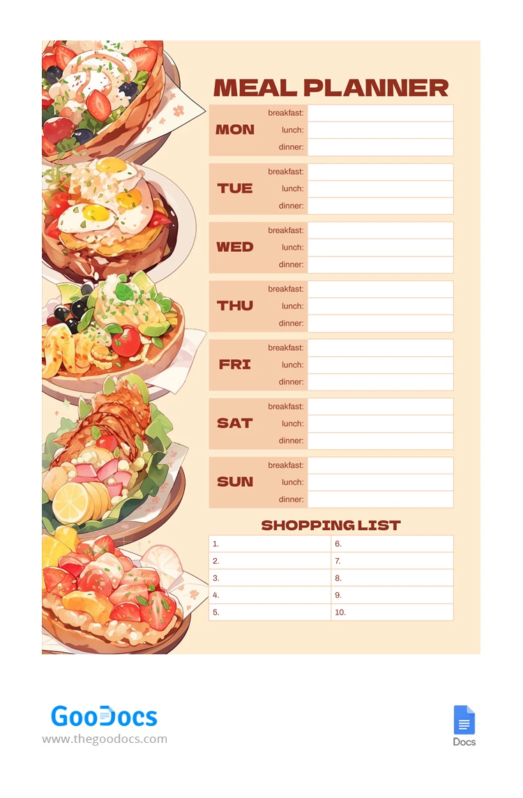 Planificador de comidas - free Google Docs Template - 10067614