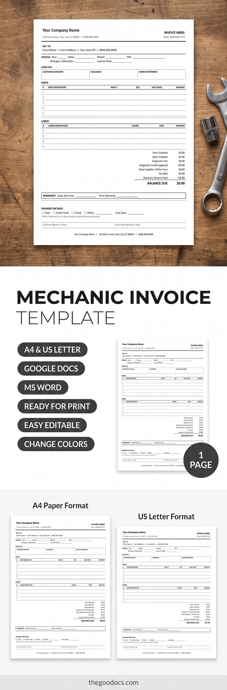 Preview of Mechanic Invoice Template for Google Docs and Microsoft Word
