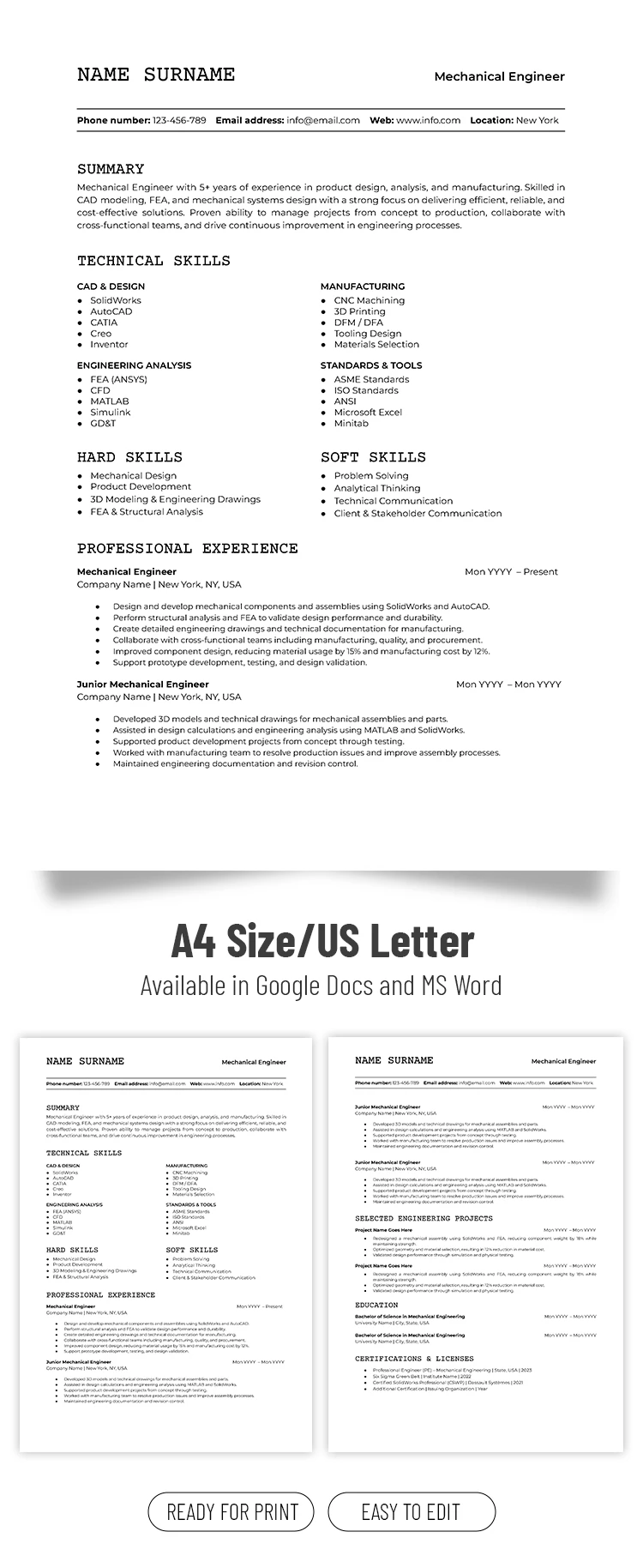 Aperçu de Modèle de CV pour ingénieur mécanique pour Google Docs and Microsoft Word