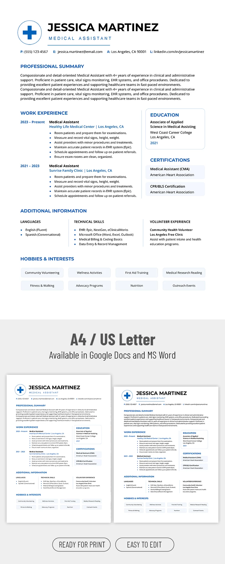 Preview of Medical Assistant Resume Template for Google Docs and Microsoft Word