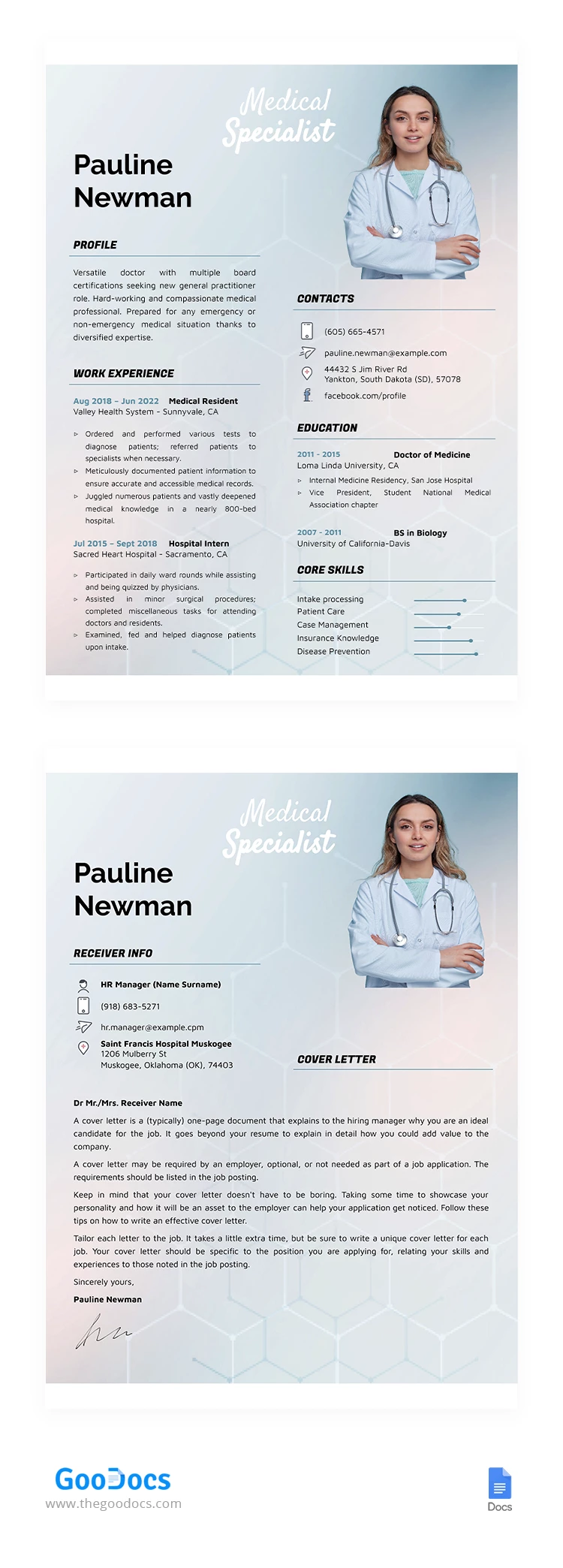 CV médical avec lettre de motivation - free Google Docs Template - 10064519