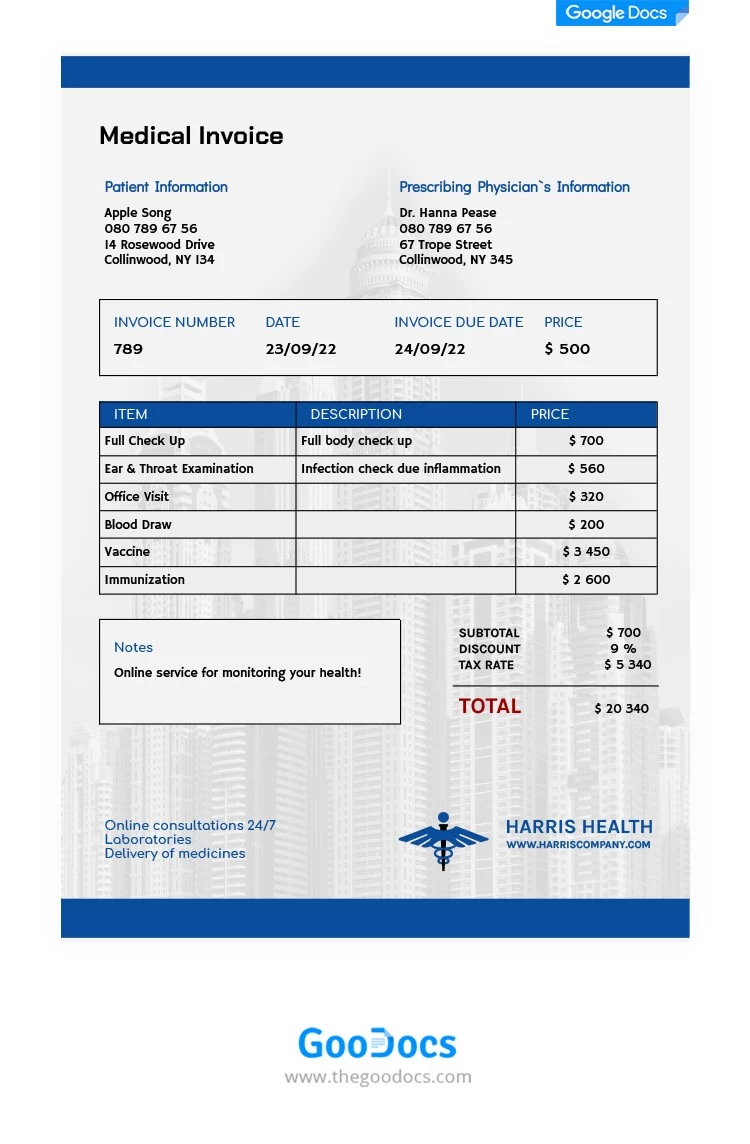 Blue Professional Medical Invoice - free Google Docs Template - 10061986