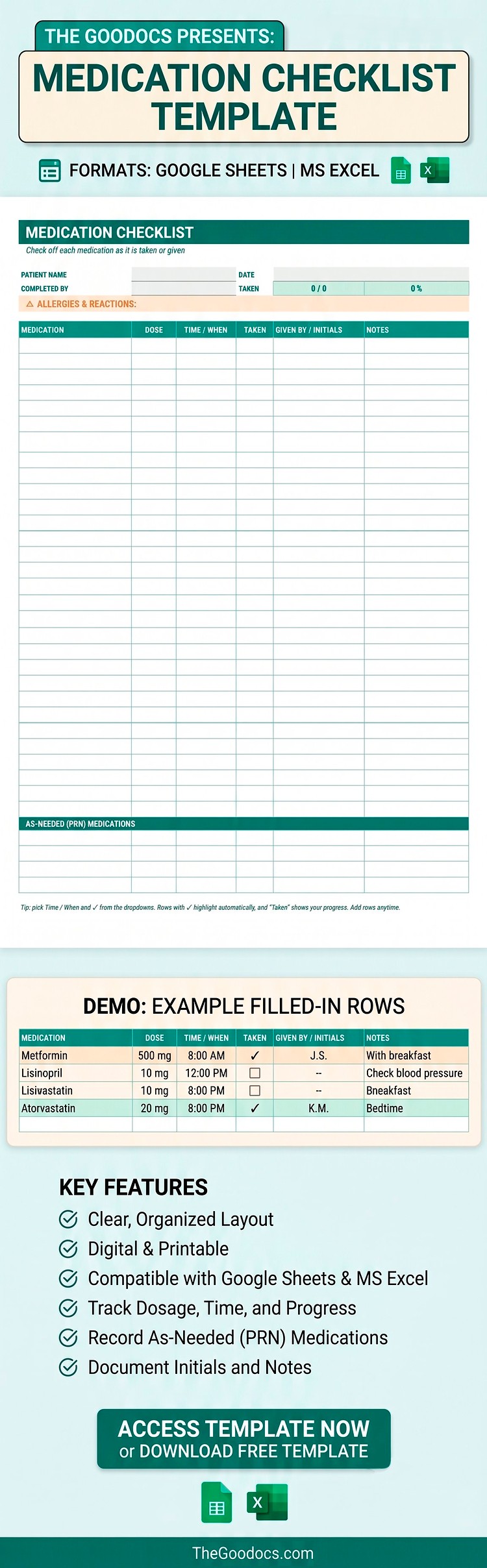 Free Medication Checklist Template in Google Sheets and Microsoft Excel ...