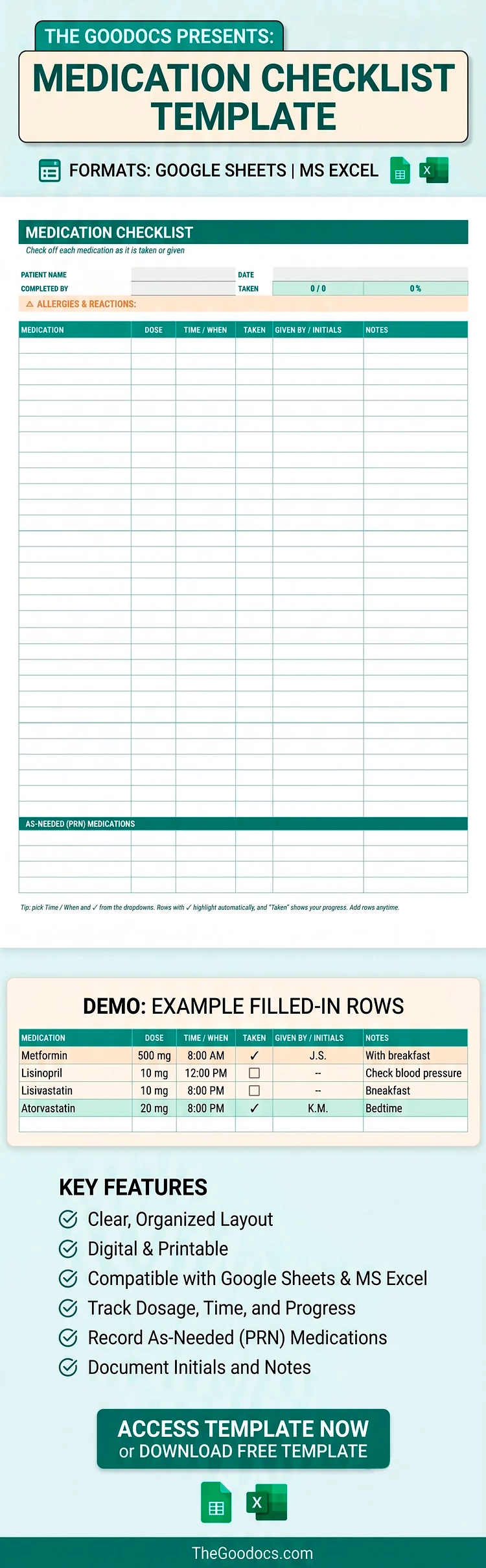 Preview of Medication Checklist for Google Sheets and Microsoft Excel