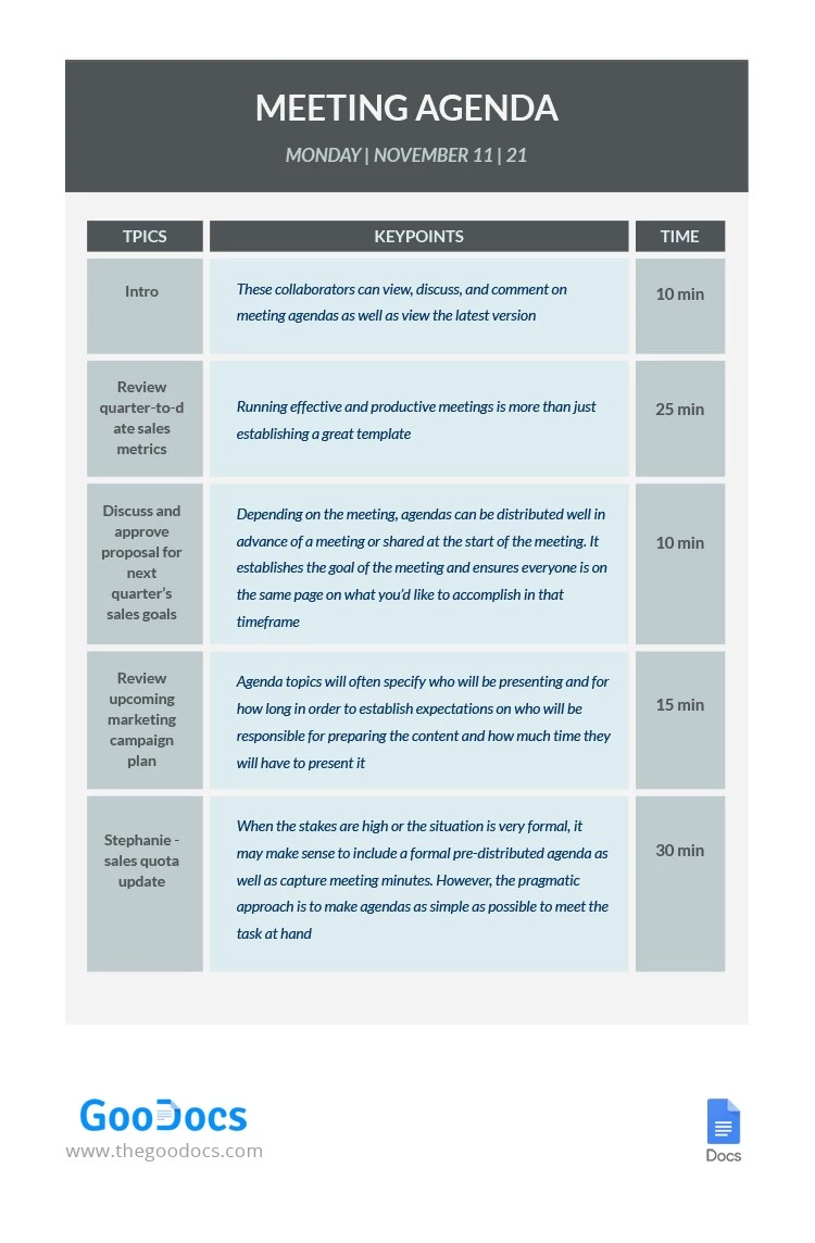 White Simple Sales Meeting Agenda - free Google Docs Template - 10062121