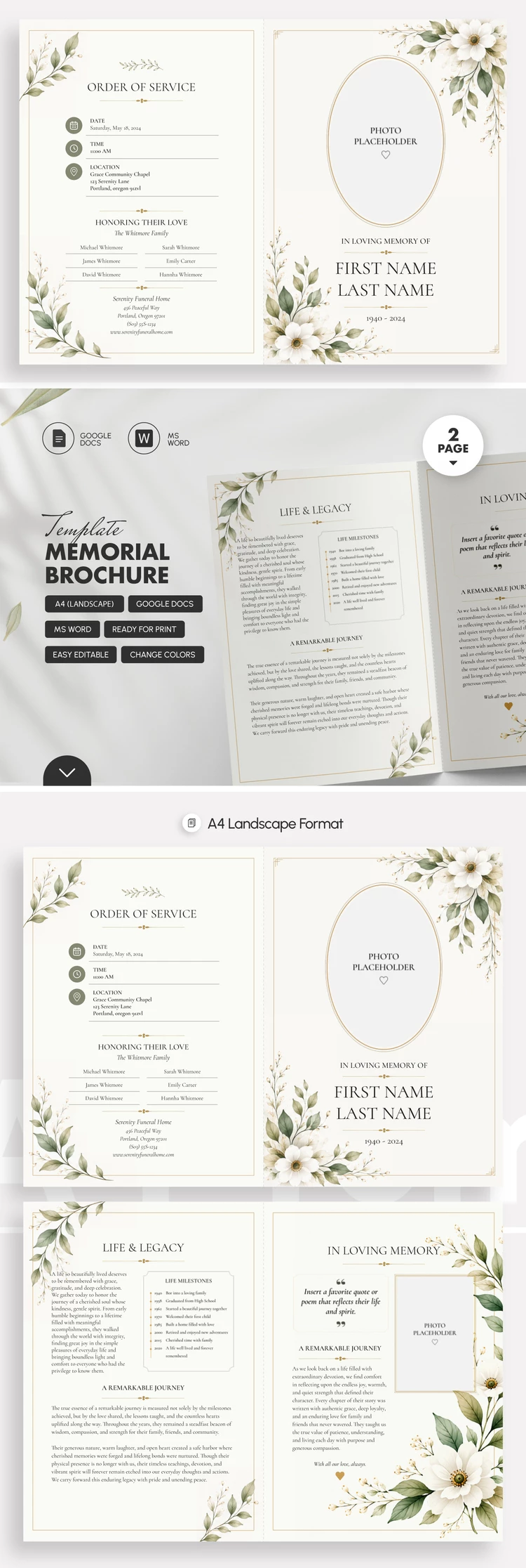 Preview of Memorial Brochure Template for Google Docs and Microsoft Word