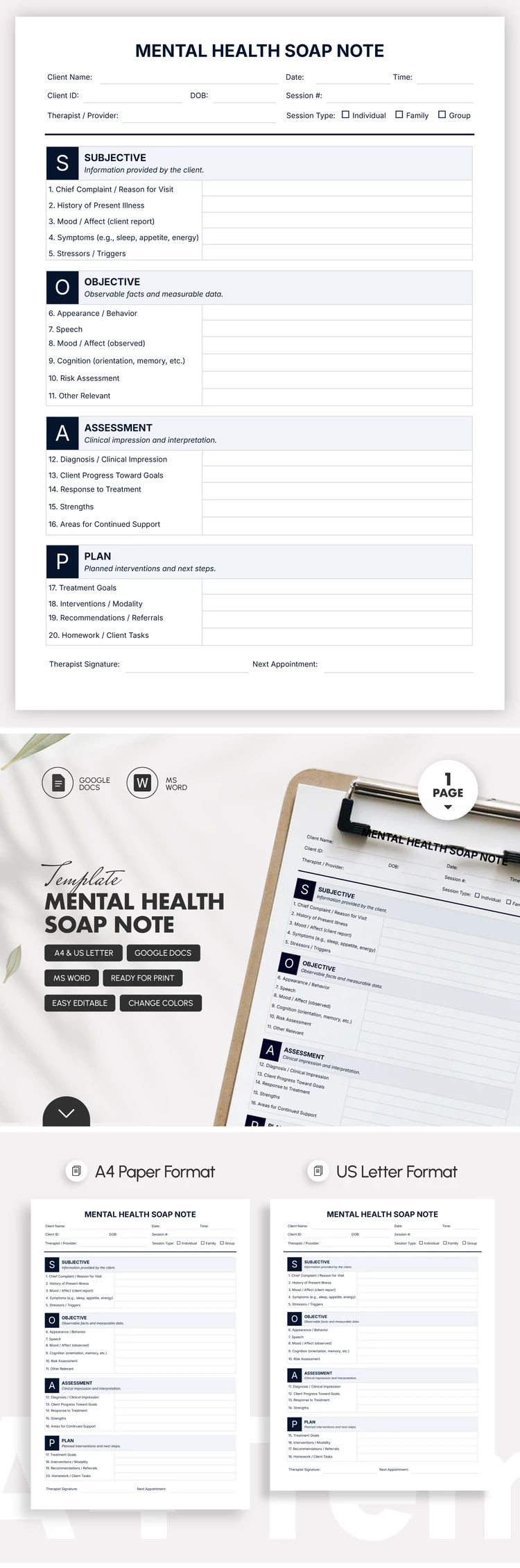 Preview of Mental Health SOAP Note Template for Google Docs and Microsoft Word