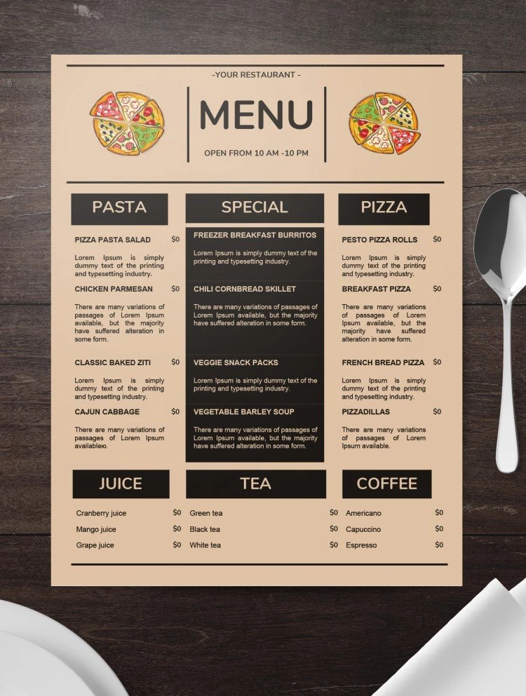 Cardápio de restaurante de pizza minimalista - free Google Docs Template - 10061496