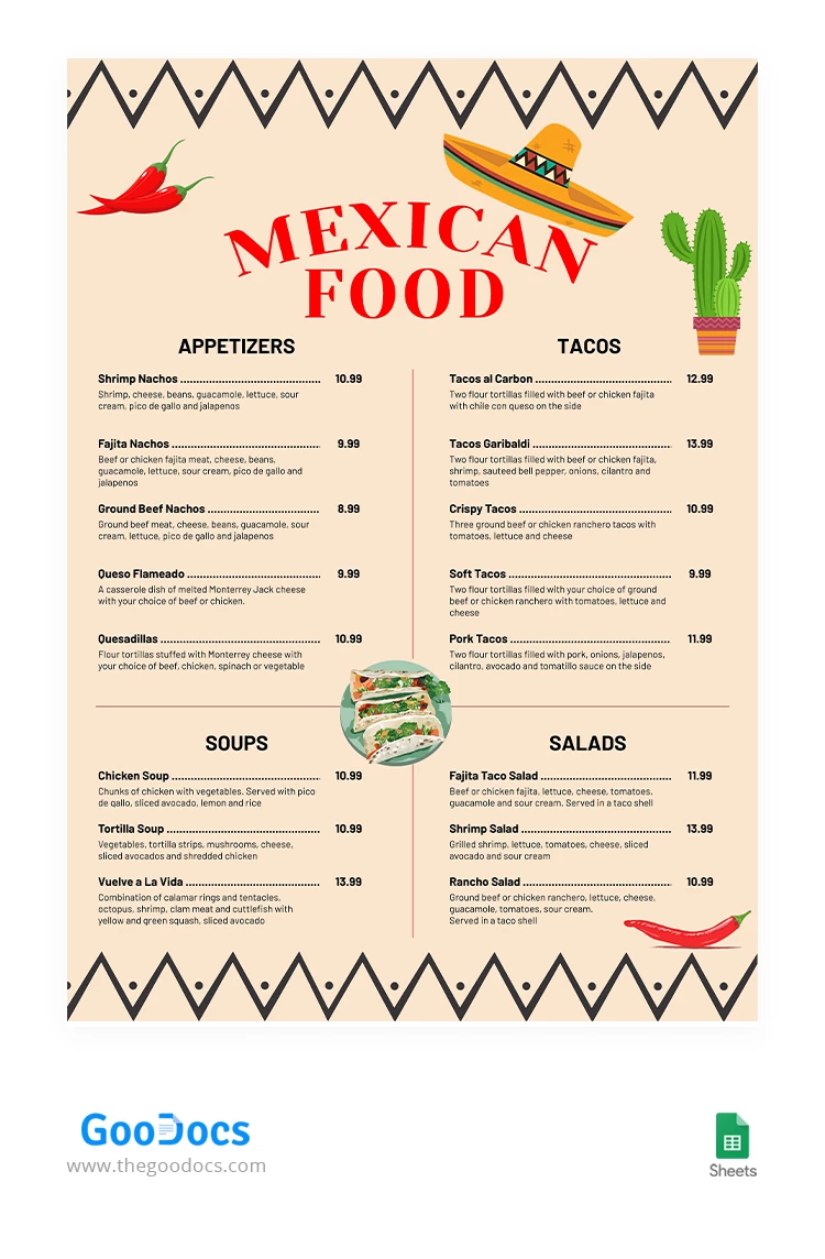 Menu du restaurant de cuisine mexicaine - free Google Docs Template - 10064109