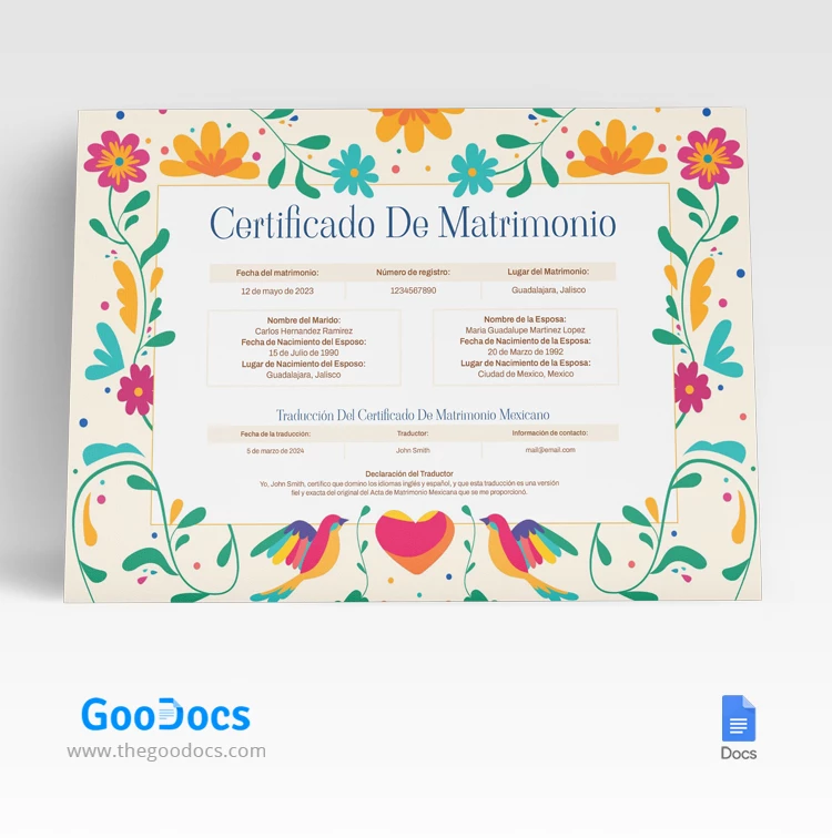 Mexican Marriage Certificate - free Google Docs Template - 10068326