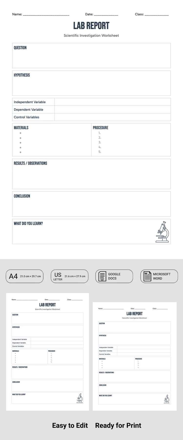 Preview of Middle School Lab Report Template for Google Docs and Microsoft Word