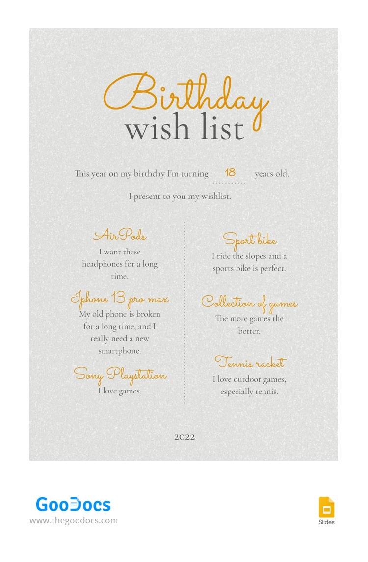 Minimal Birthday Wish List - free Google Docs Template - 10062868