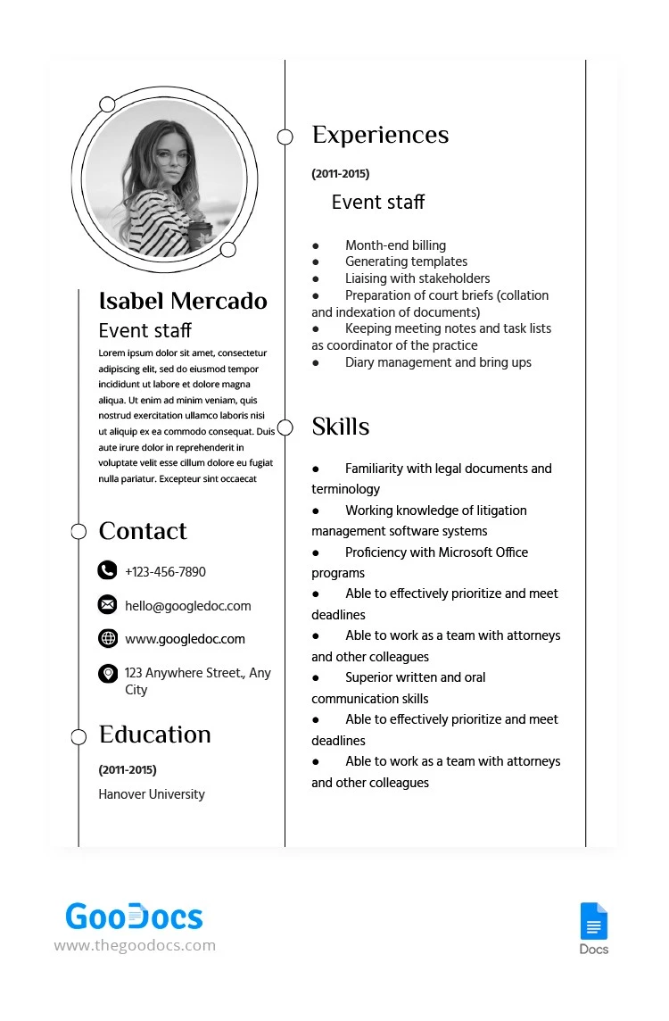 Minimal Event Staff Resume - free Google Docs Template - 10065759