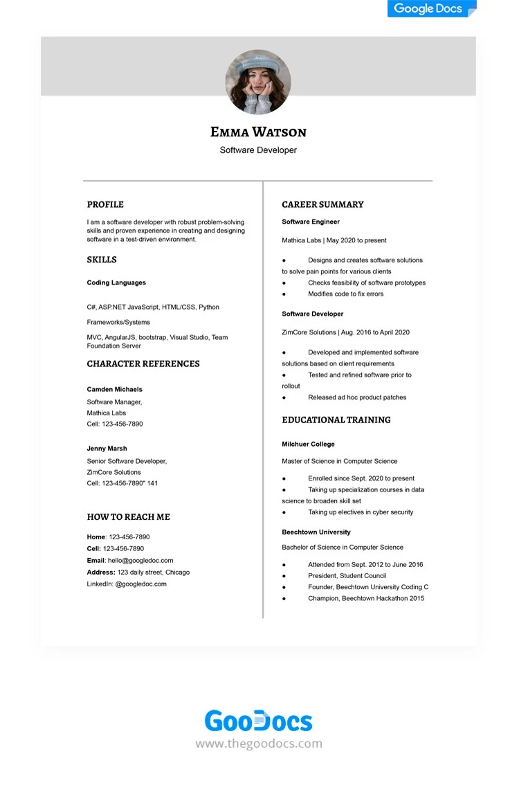 Curriculum Vitae Minimaliste Gris - free Google Docs Template - 10062107