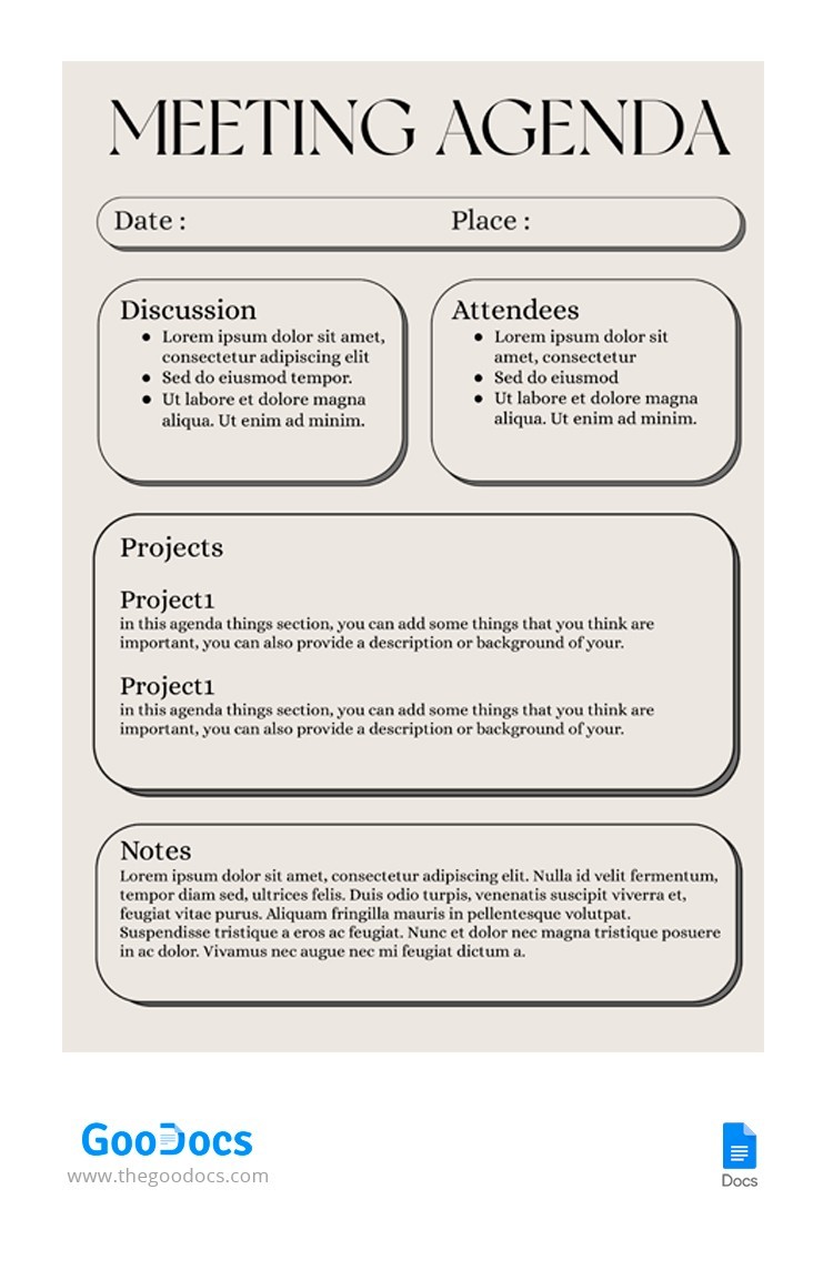White Meeting Agenda Template In Google Docs And Microsoft Word White Meeting Agenda Template In Google Docs And Microsoft Word