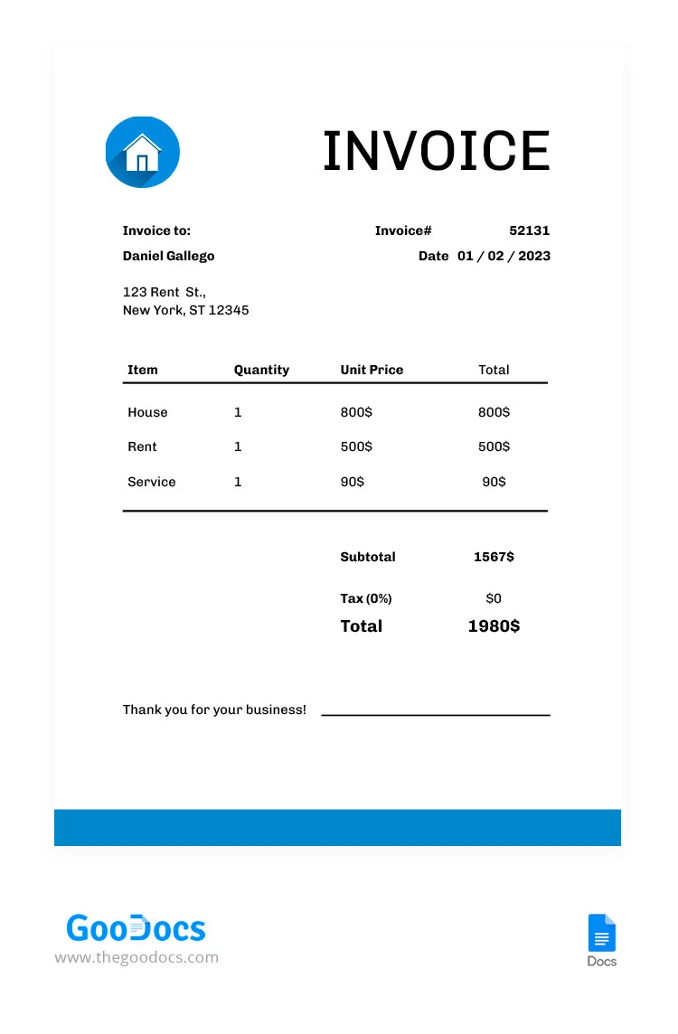 Minimal Rental Invoice - free Google Docs Template - 10066456