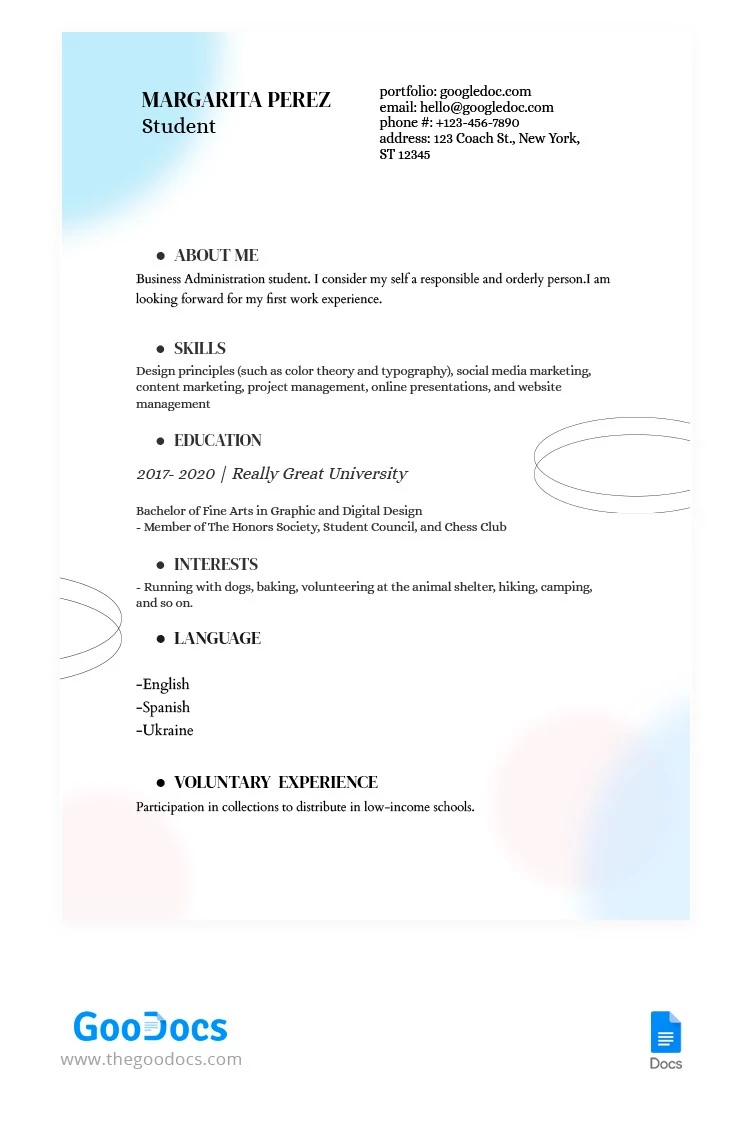CV de estudiante minimalista. - free Google Docs Template - 10064341