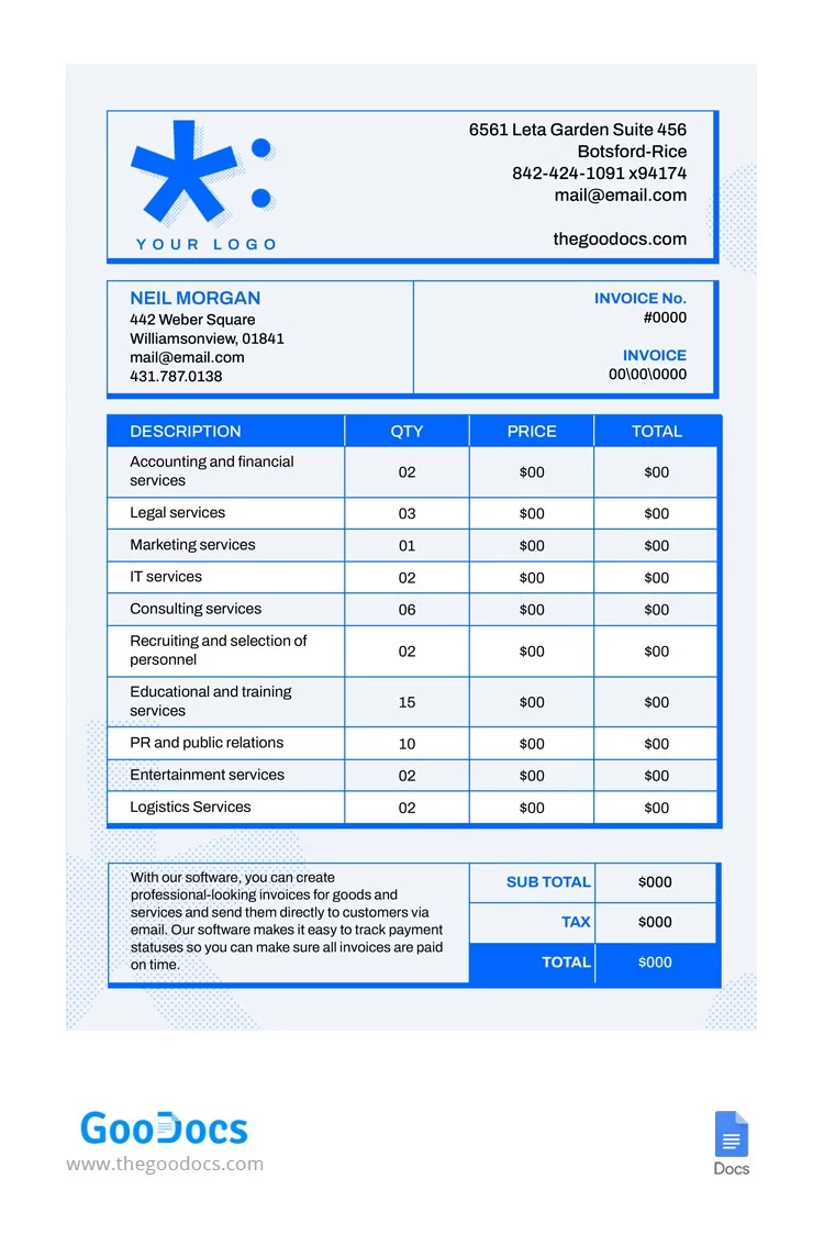 Factura de negocios de color azul brillante - free Google Docs Template - 10066112